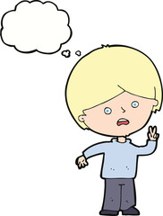 cartoon unhappy boy giving peace sign with thought bubble