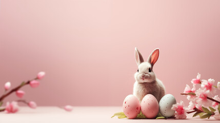 Minimalistyczne różowe tło na życzenia Wielkanocne. Alleluja - Wesołych świąt Wielkiej Nocy. Jajka, zając, kwiaty i inne wiosenne dekoracje.