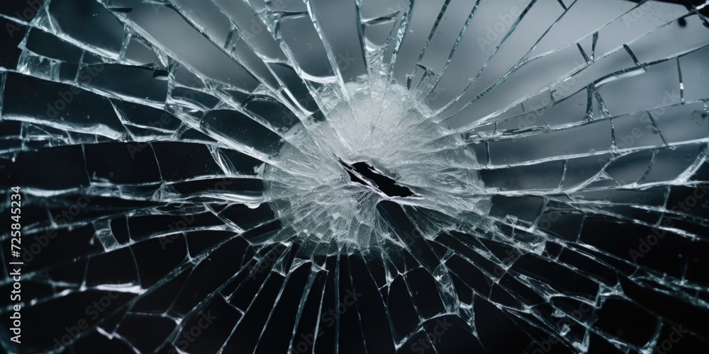 Poster A broken glass window with a hole. Suitable for illustrating vandalism, break-ins, or accidents. Can be used to depict the aftermath of a crime or as a symbol of damage