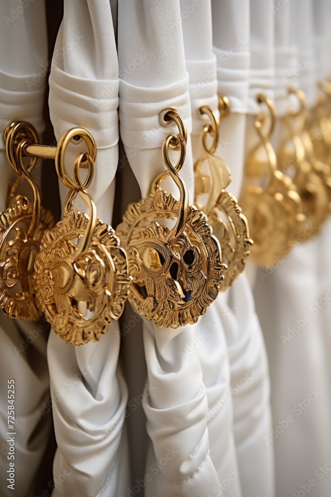 Poster A close up view of a curtain adorned with intricate gold decorations. Perfect for adding a touch of elegance to any room