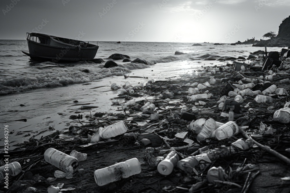 Poster a black and white photo depicting trash scattered on the beach. suitable for environmental issues an