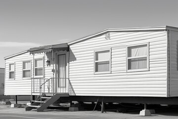 A black and white photo of a small house. Can be used for real estate, architecture, or nostalgia-themed projects