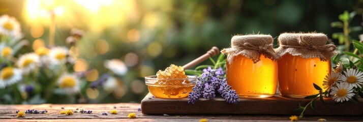 Golden Harvest: Fresh Honey Amidst Blooming Flowers - obrazy, fototapety, plakaty