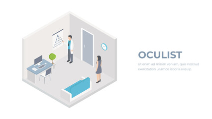 Office of the ophthalmologist concept. Eye doctor isometric image. Patient at an oculist office illustration