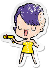 distressed sticker of a cute cartoon girl with hipster haircut