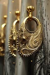 Gold earrings on a curtain. Perfect for fashion and jewelry-related designs