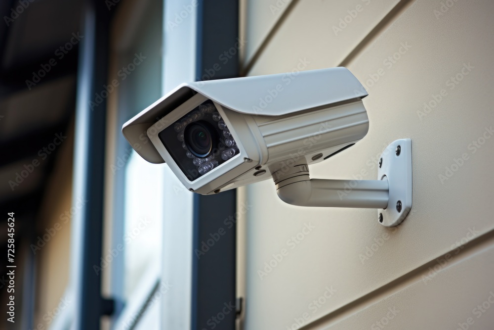 Poster a security camera mounted on the side of a building. can be used for surveillance and monitoring pur