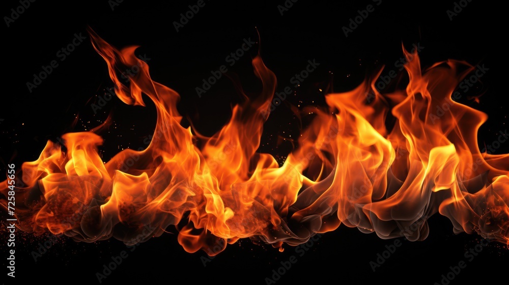 Poster a close-up view of a fire burning brightly against a black background. suitable for various applicat