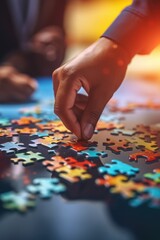 A person carefully places a puzzle piece on a table. Suitable for use in educational materials or articles about problem-solving