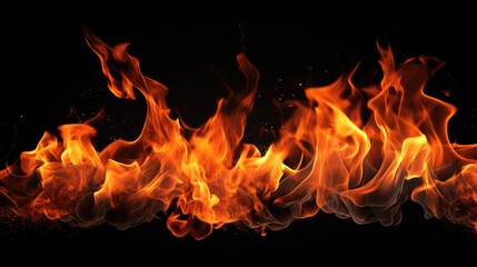 A close-up view of a fire burning brightly against a black background. Suitable for various applications
