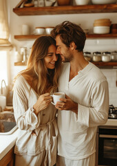 Obraz na płótnie Canvas a young couple of lovers, a man and a woman in pajamas drinking coffee in the kitchen, breakfast, morning, guy and girl, boyfriend, girlrend, love, romance, family, relationship, happiness, cozy home