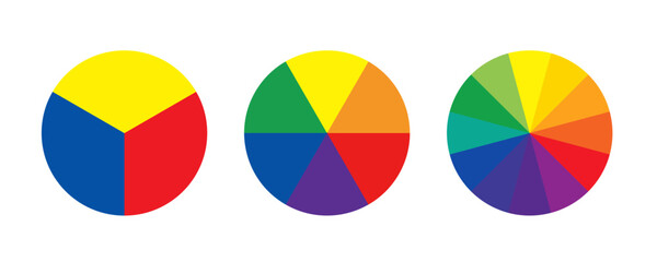 Spectrum of colors. Basic three, six and twelve colors in parts of circle. PNG