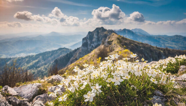 Serene mountain top adorned with white flowers, illuminated by a beautiful sunrise, perfect for a travel background.