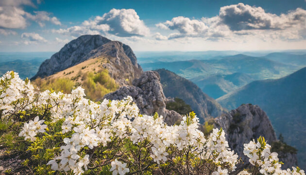 A filtered image of white flowers on a mountain top, bathed in the warm glow of a stunning sunrise, ideal for travel enthusiasts.