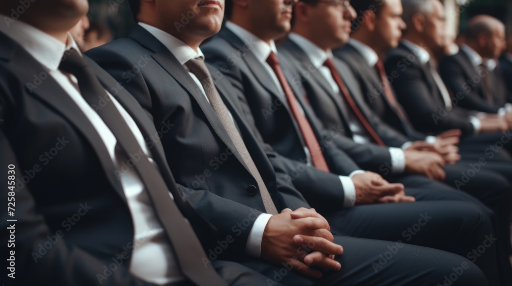 Poster a group of men in suits sitting next to each other. suitable for business and corporate concepts