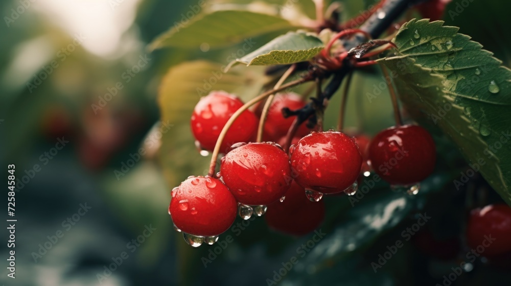 Poster a bunch of red cherries hanging from a tree. suitable for food and agriculture related projects