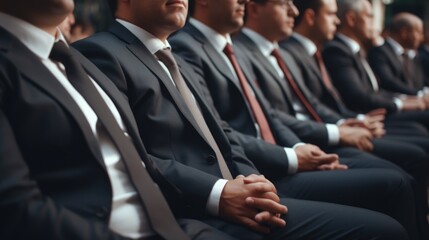 A group of men in suits sitting next to each other. Suitable for business and corporate concepts