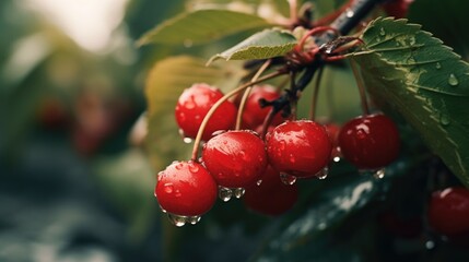 Obraz premium A bunch of red cherries hanging from a tree. Suitable for food and agriculture related projects