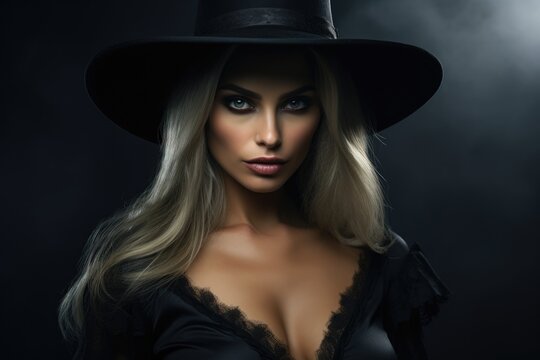 A woman wearing a black hat strikes a pose for a photograph. This image can be used for fashion, portrait, or modeling concepts