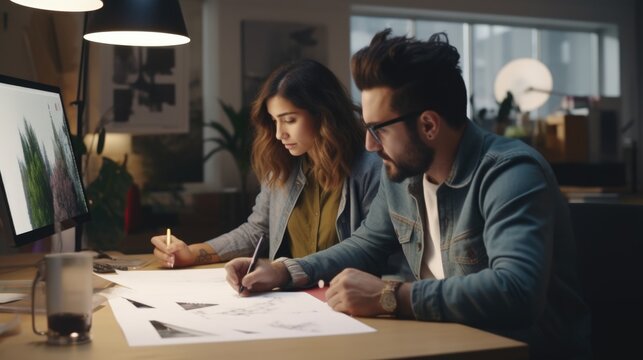 A man and a woman are sitting at a desk, focused on working on a project. This image can be used to represent teamwork, collaboration, and office work