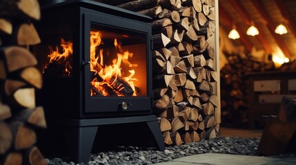 A wood burning stove positioned in front of a neatly stacked pile of logs. This image can be used to showcase a cozy and warm atmosphere in a rustic setting