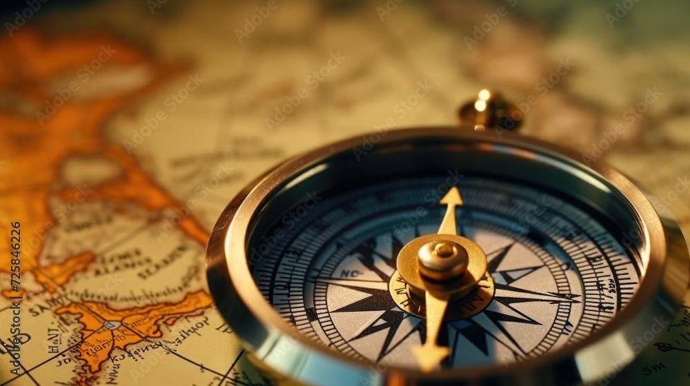 Poster a close up view of a compass resting on top of a map. perfect for travel, navigation, and exploratio