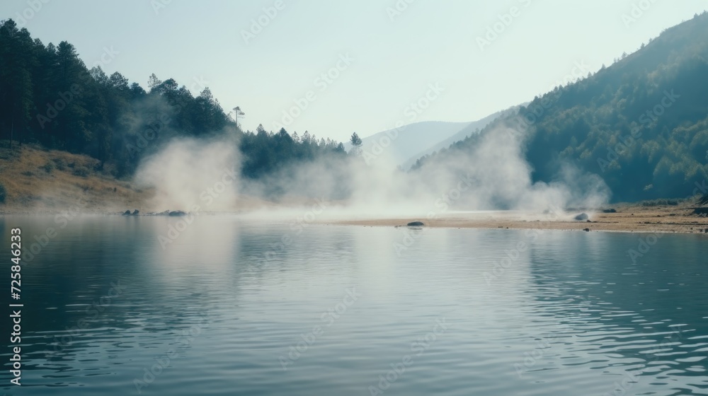 Poster A captivating image of steam rising from a body of water. Perfect for depicting natural phenomena and creating a mysterious atmosphere
