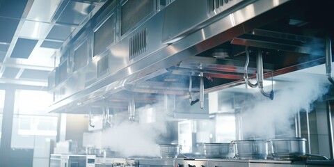 A kitchen filled with thick smoke. Perfect for illustrating a cooking mishap or the need for kitchen safety precautions