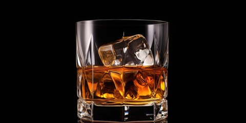 A glass of whiskey with ice cubes. Perfect for showcasing the sophistication of a fine drink.