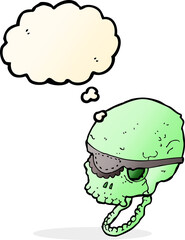 cartoon spooky skull with eye patch with thought bubble