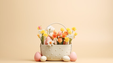 Minimalistyczne kremowe tło na życzenia Wielkanocne. Alleluja - Wesołych świąt Wielkiej Nocy. Jajka, koszyczek, kwiaty i inne wiosenne dekoracje.
