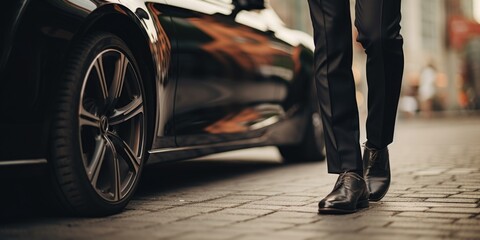A man dressed in a suit standing next to a car. Suitable for business and transportation-related concepts