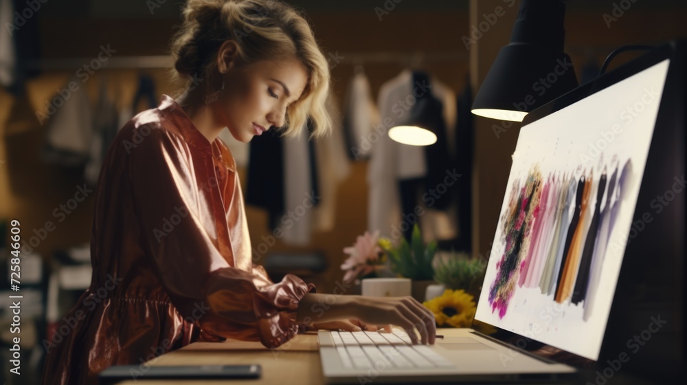Poster a woman is shown typing on a laptop computer. this image can be used to illustrate concepts related 