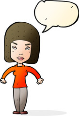 cartoon woman shrugging shoulders with speech bubble