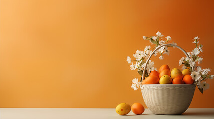 Minimalistyczne pomarańczowe tło na życzenia Wielkanocne. Alleluja - Wesołych świąt Wielkiej Nocy. Jajka, koszyczek, kwiaty i inne wiosenne dekoracje.