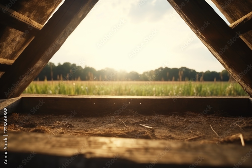 Poster a picturesque view of a field as seen from inside a charming wooden structure. ideal for nature enth