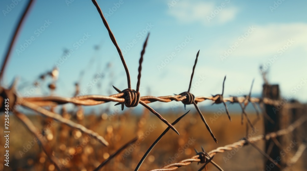 Poster A detailed view of a barbed wire fence, highlighting its texture and sharpness. This image can be used to represent security, boundaries, or confinement in various projects