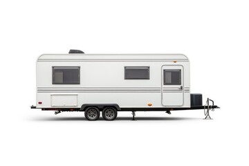 A white trailer parked on a white surface. Can be used to depict a modern transportation concept or camping and travel lifestyle