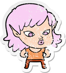 distressed sticker of a pretty cartoon elf girl