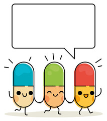 Trois gélules en couleur se tiennent la main et sourient, les personnages expliquent la posologie des médicaments dans une bulle BD, un style joyeux d'illustration avec des personnages heureux - obrazy, fototapety, plakaty