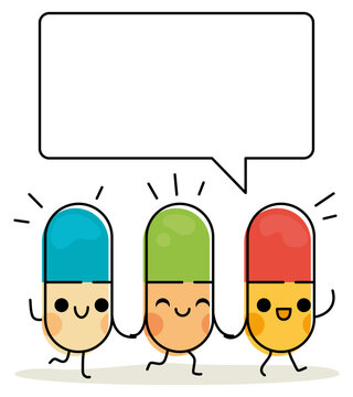 Trois g&eacute;lules en couleur se tiennent la main et sourient, les personnages expliquent la posologie des m&eacute;dicaments dans une bulle BD, un style joyeux d'illustration avec des personnages heureux