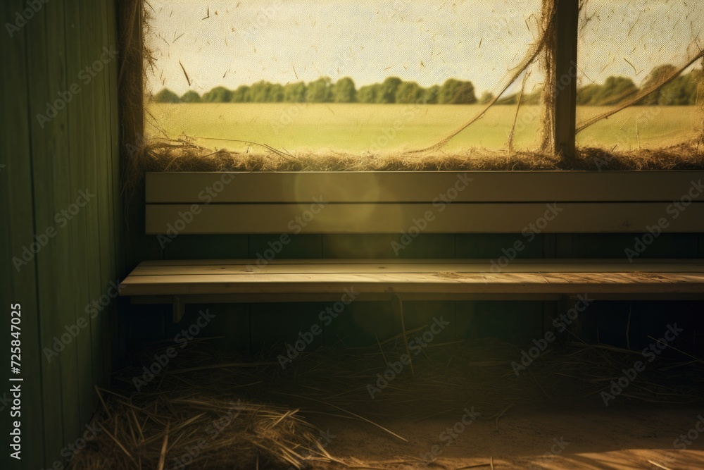 Wall mural A picture of a bench placed in front of a window. This image can be used to depict a peaceful and relaxing atmosphere or to symbolize solitude and contemplation