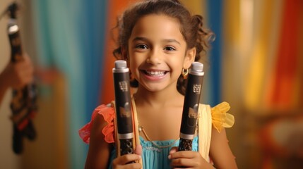 A young girl confidently holds two microphones in her hands. Perfect for capturing the joy and enthusiasm of performing or singing.