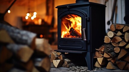 A wood burning stove in front of a pile of logs. Perfect for adding warmth and coziness to any room. - obrazy, fototapety, plakaty