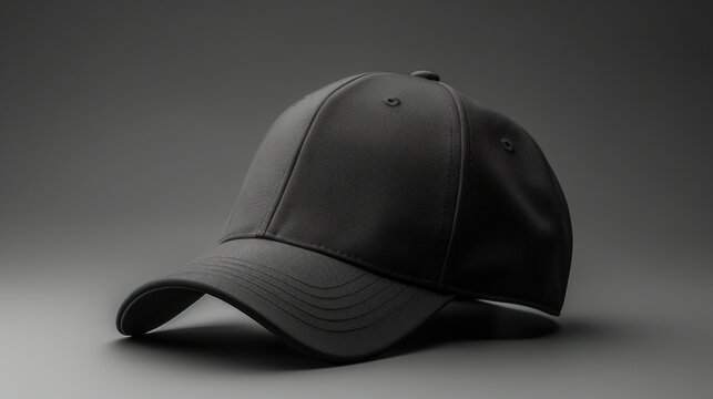 A black baseball cap on a gray background. This versatile image can be used in various contexts
