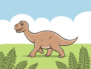 Cute cartoon young dinosaur. Little green dino. Vector illustration. Hand drawn outline