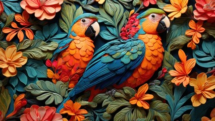 Seamless pattern background influenced by the organic forms and vibrant colors of tropical rainforests with colourful birds and flowers.  generative, ai.