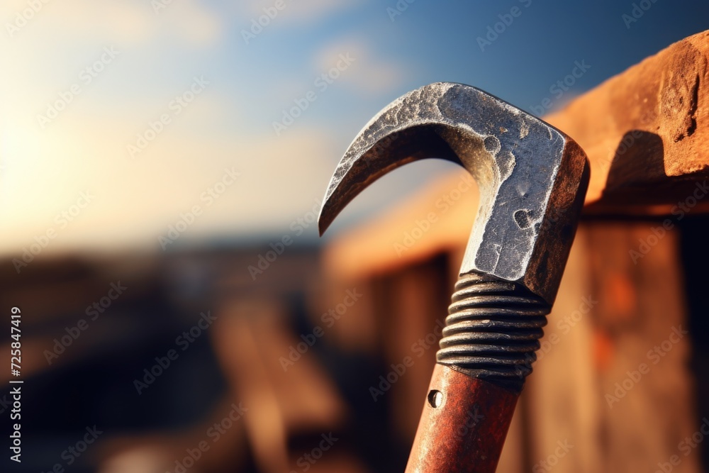 Poster a detailed close-up image of a hammer resting on a piece of wood. this versatile image can be used t