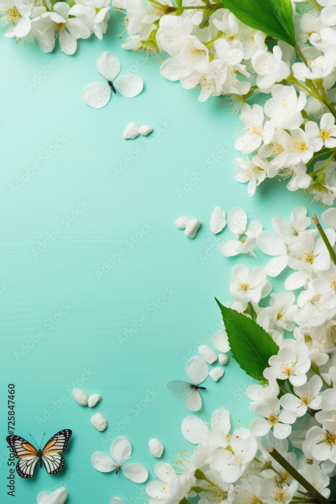 Poster a beautiful blue background adorned with delicate white flowers and a graceful butterfly. perfect fo