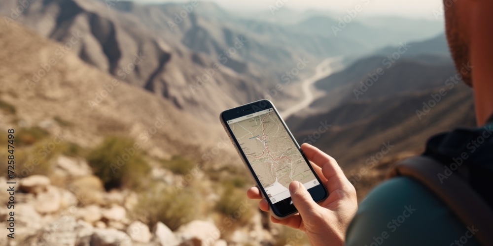 Poster A person holding a cell phone with a map displayed on the screen. This image can be used to illustrate navigation, technology, or travel-related concepts